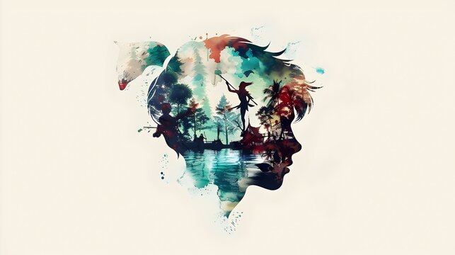 Whimsical Silhouette of a Fantastical Face Surrounded by Iconic Neverland Elements