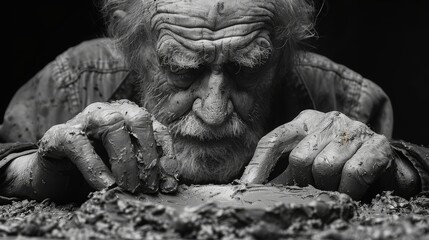 Black and white photo of a man sculpting clay, with the light falling on his hands.