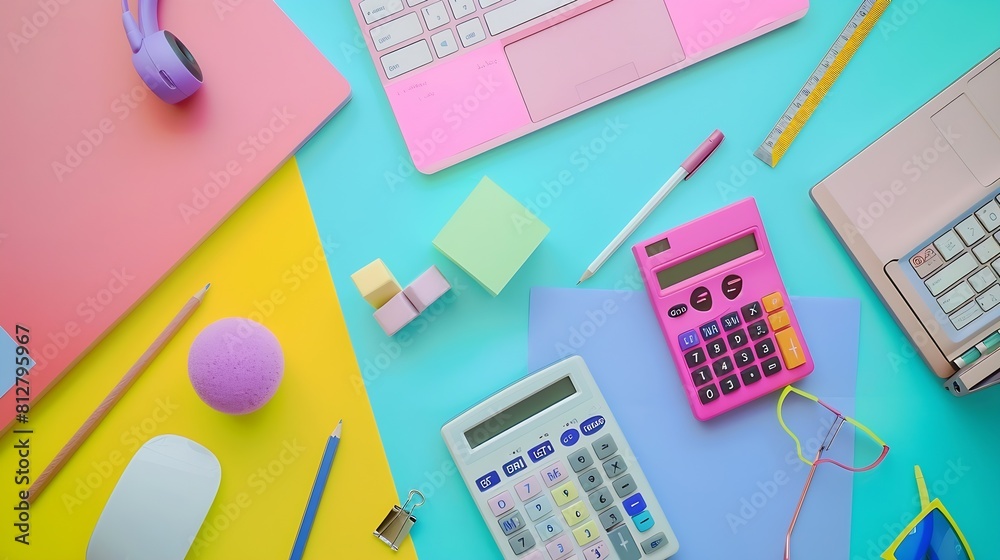 Poster Office table desk with blank paper sheet calculator paper ball pencil earphone computer mouse and office accessories on colorful background business and office supplies flat lay concep : Generative AI