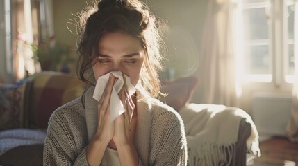 Woman Sneezing into a Tissue