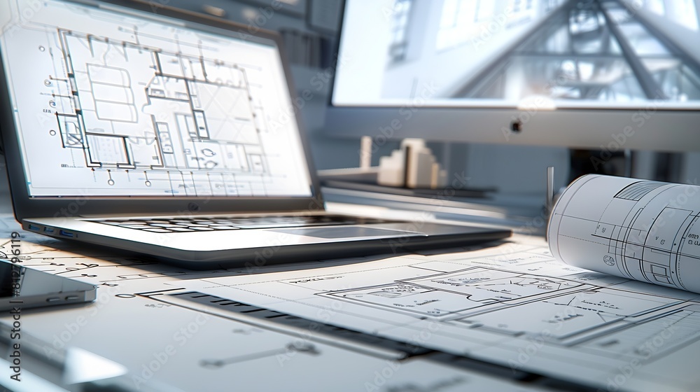Poster Digital blueprint by architecture design software on laptop screen with documents and blueprint layout on office table seamless integration of technology and traditional drafting metho : Generative AI