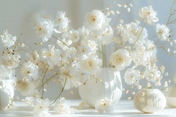 Illustration of wallpaper of white flowers on a white table, high quality, high resolution
