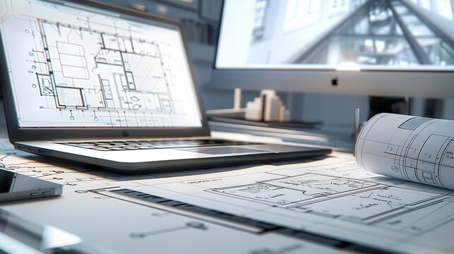 Digital blueprint by architecture design software on laptop screen with documents and blueprint layout on office table seamless integration of technology and traditional drafting metho : Generative AI