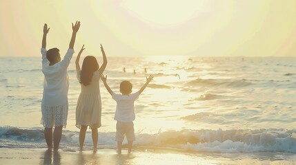 happy family with two kids hands up on beach : Generative AI