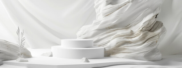 Obraz premium Blank produc stone podium, illustration 3d cosmetic, room flooring interior decoration studio wall products, minimal scene mockup, promotions, cosmetic showcases on white marble stone background