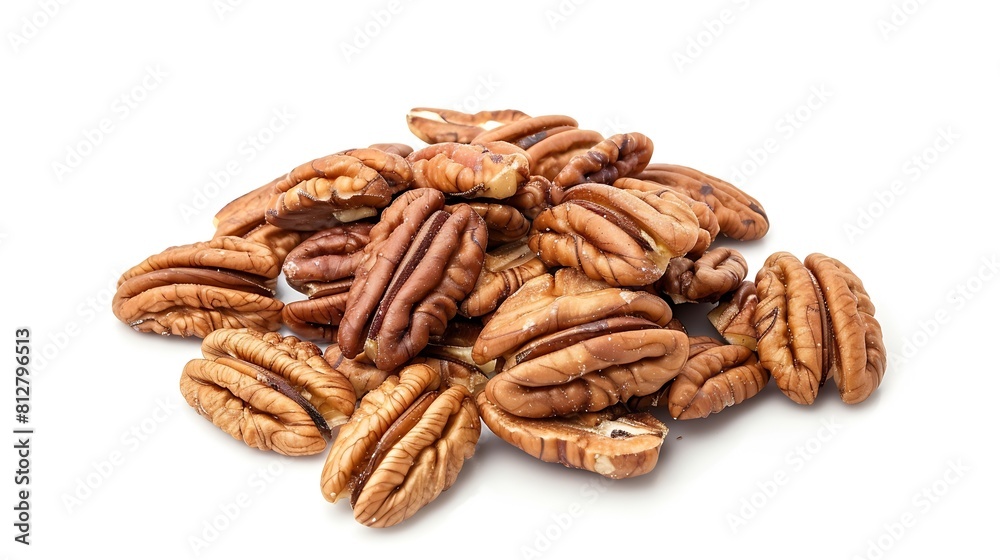 Poster Fresh pecans isolated on white background Nuts scattered Top view Vertical layout  Package design element with clipping path : Generative AI