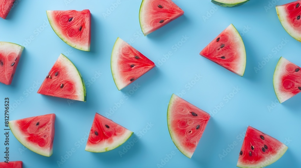 Poster colorful fruit pattern of fresh watermelon slices on blue background from top view : generative ai