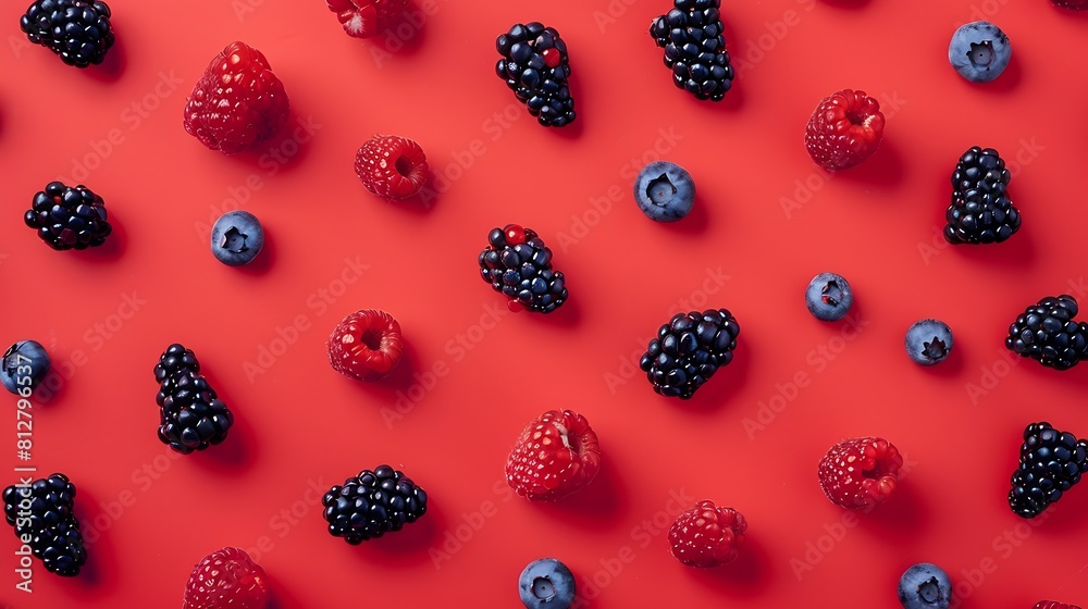 Poster colorful fruit pattern of wild berries on red background creative summer fruit concept strawberries 