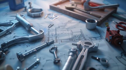 Drawing up a plumbing repair plan with spare parts and tools on blueprints : Generative AI