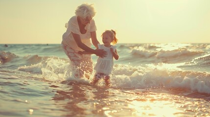 Beach fun and grandmother playing with child for holiday bonding and care together by the ocean Summer vacation and happy relationship with young foster girl and grandma embracing by t : Generative AI