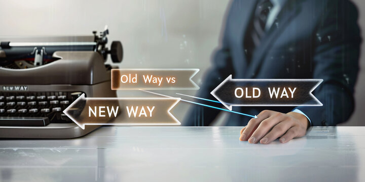 "Evolutionary Shift: Modern Computer and Typewriter Comparison on Table, 'Old vs New' Text, Embracing Future Technology, Reflecting Time Changes, Generative AI"