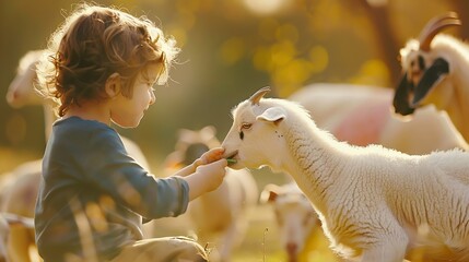 cute kid feeding little goats and sheeps on farm child petting animals in the zoo Excited and happy kid on family weekend : Generative AI