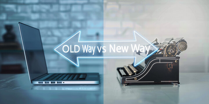 "Evolutionary Shift: Modern Computer and Typewriter Comparison on Table, 'Old vs New' Text, Embracing Future Technology, Reflecting Time Changes, Generative AI"