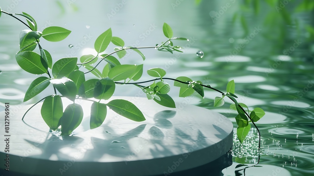 Poster empty round podium pedestal green leaves against the background of water with drops and ripples : ge