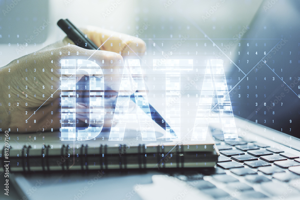 Poster creative data word hologram and hand writing in notebook on background with laptop, big data and blo