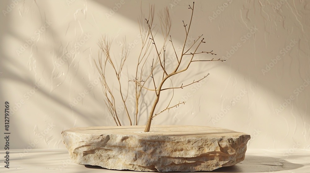 Poster podium for exhibitions and product presentations material stone wood dry branches beautiful beige ba