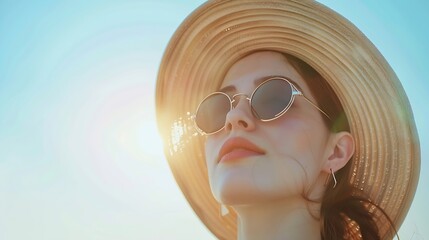 Portrait of young fashion woman enjoying fresh air on face on her luxury vacation resort on beach Summer holidays and relax concept : Generative AI