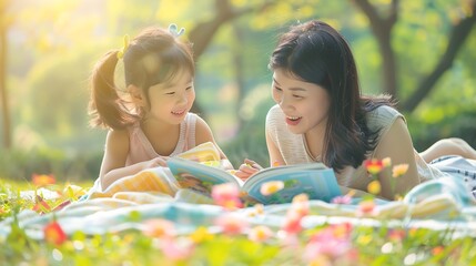 Happy Asian young family mother and child little girl having fun and enjoying outdoor laying on picnic blanket reading book at summer garden spring park Family relaxation concept : Generative AI