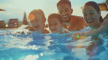Happy family playing in outdoor pool People having fun on summer vacation Healthy lifestyle concept : Generative AI