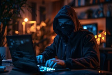 Cybersecurity Professional Working on Laptop at Night