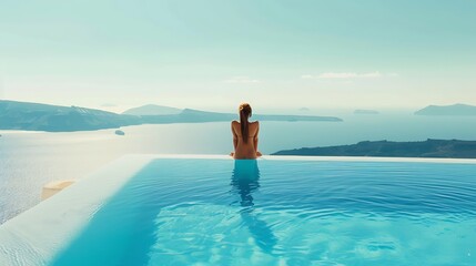 Young woman on vacation at Santorini women at the swimming pool looking out over the Caldera ocean of Santorini Girl at the infinity pool Oia Santorini Greece : Generative AI