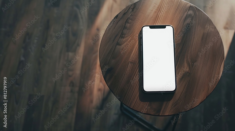 Fototapete blank screen mobile phone with copy space on wooden side table flat lay top view copy space mockup t