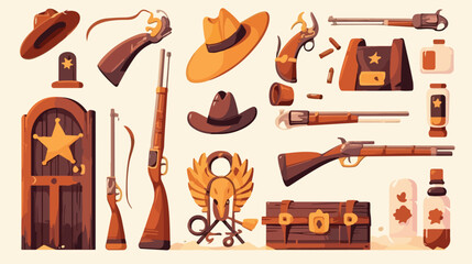 Cartoon cowboy man with guns and object set - hat a