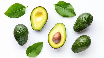 Fresh Avocado Delight: Vibrant Green Fruits and Leaves Isolated on White Background
