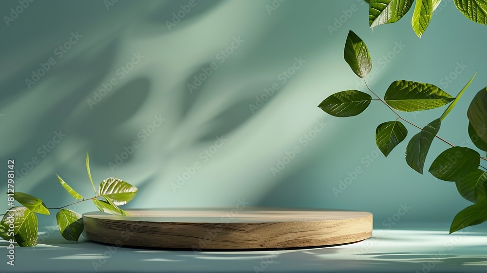 Poster wood product display podium with nature green leaves for presentation design : generative ai