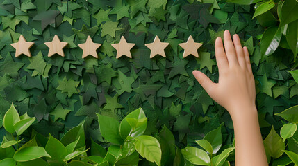 Woman hand giving five star rating on green, generative ai