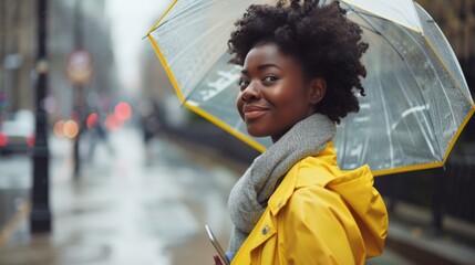 Woman with Yellow Raincoat Smiling