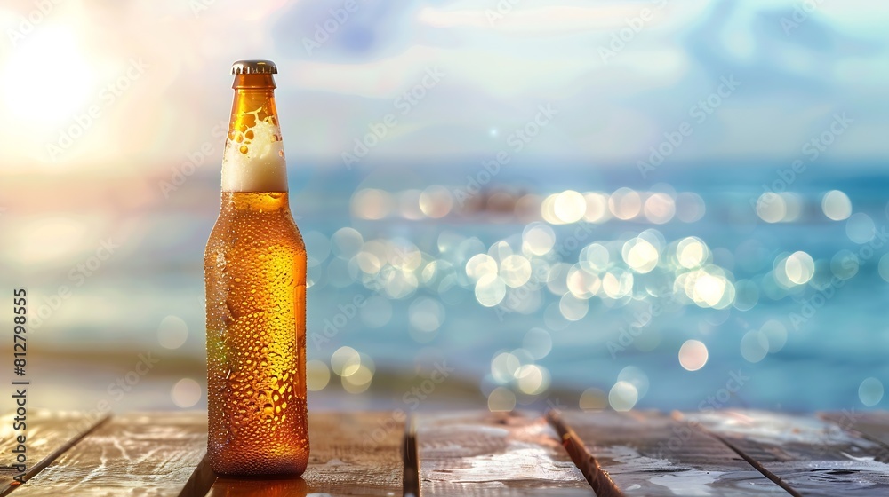 Poster opened bottle of beer with condensation on the wooden table blurred sparkling sea at the background 