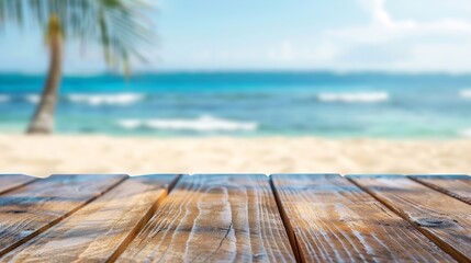 Fototapeta premium Wood table top on blurred blue sea and white sand beach background can be used for display or montage your products : Generative AI