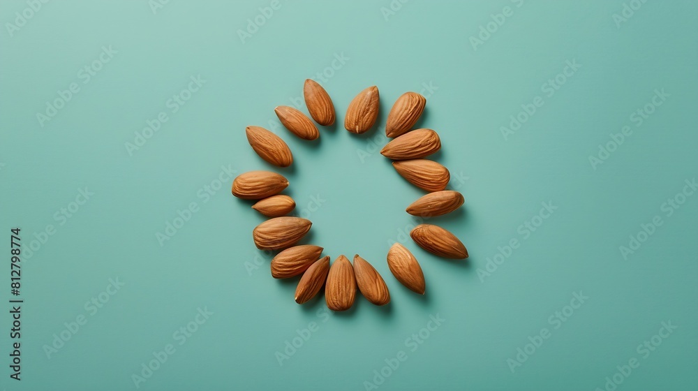 Poster creative layout made of almond on the green background flat lay food concept macro concept : generat