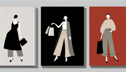 A minimalist, stylized triptych featuring three women in modern fashion attire, each against a solid color background