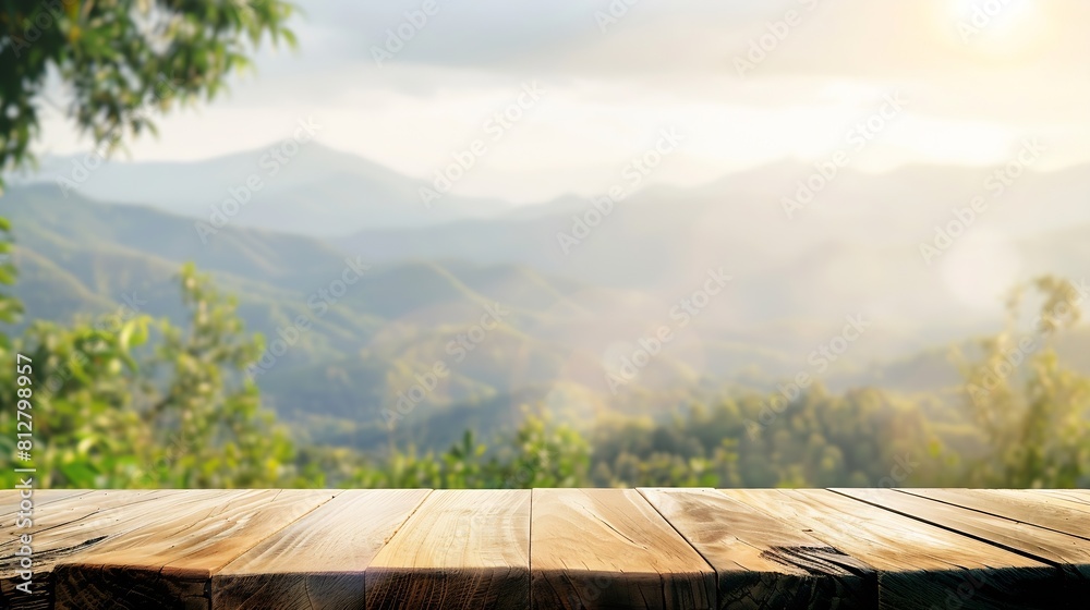 Aufkleber wood table top stand with blur mountain landscape view background in spring food product display wit
