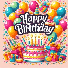 Fototapeta premium Birthday cards card with a cake and balloons art photo has illustrative meaning used for printing card design illustrator illustrator.