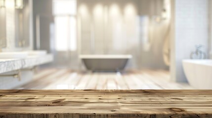 Blurred bathroom background and  wood table top  can be used mock up for montage products display or design layout : Generative AI