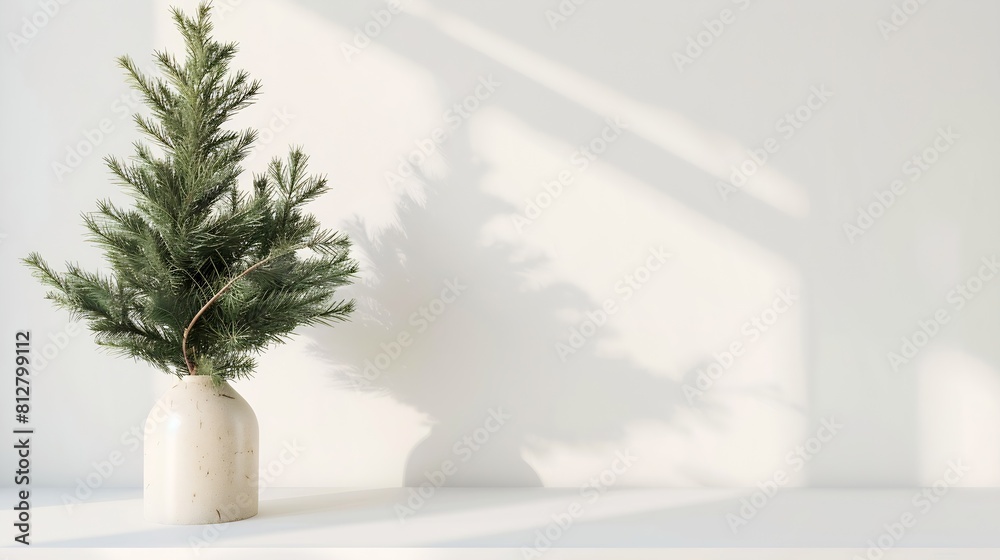 Poster Christmas New Year home decor Empty white wall mock up with green fir branches in a vase on a white table Mock up for displaying works : Generative AI