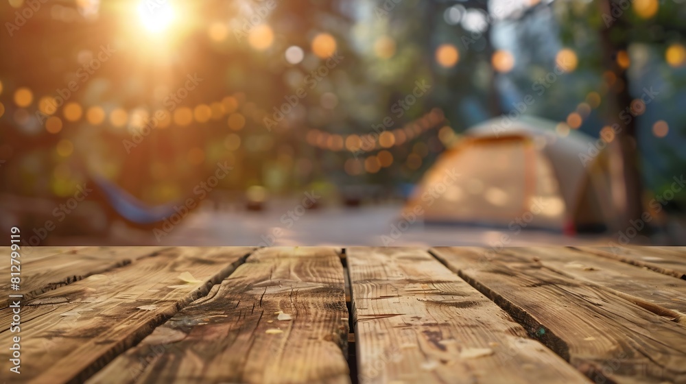 Poster Wooden table top on blur tent camping travel tent at nightDrink and party conceptFor montage product display or design key visual layoutView of copy space : Generative AI