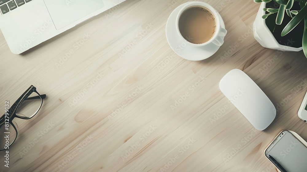 Aufkleber Top view of office work space wooden desk table with laptop notebookkeyboardeyeglassesphone and cup of coffeeWith a copy space flat layMock up : Generative AI