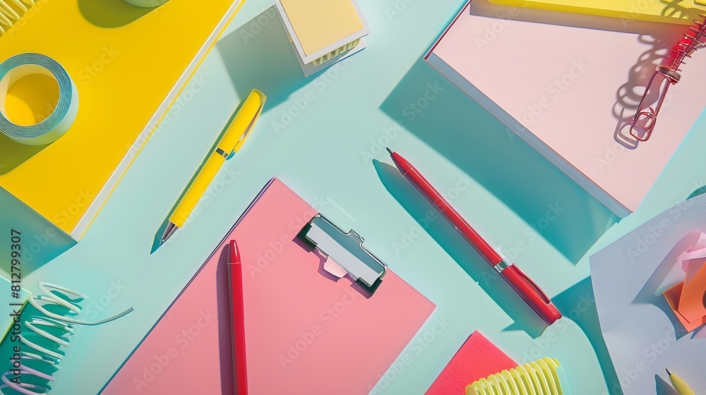 Aufkleber school supplies concept top view photo of stationery stack of notepads pens binder clips and adhesiv