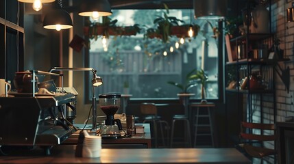 The layout in a dark loft style opens up inside the cafes welcome to open coffee shop background : Generative AI