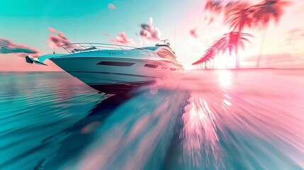 Summer vacation concept on a speed yacht boat with palm trees Summer holidays on a luxury yacht...