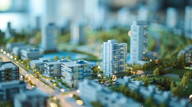 A miniature city on the table The layout of the block for designing with a residential building Layout of a residential development with a park : Generative AI