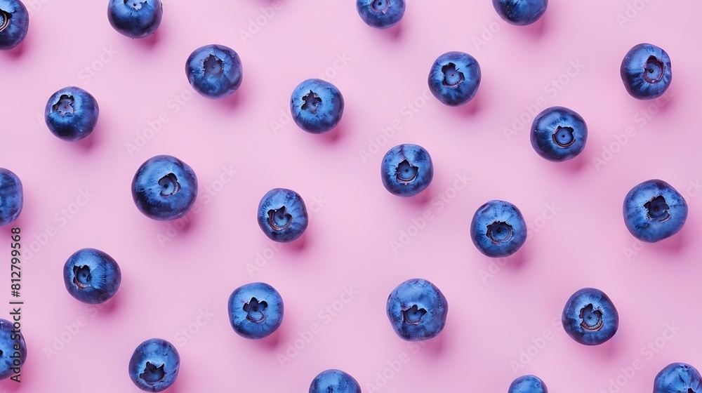 Poster Fresh berries blueberry on pink background Colorful fruit pattern of blueberries as background Creative berries concept Flat lay top view copy space : Generative AI