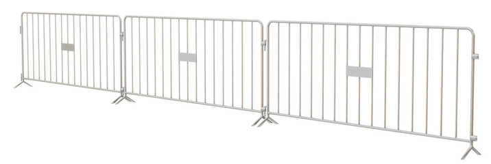 3D render features a lightweight, pre-galvanized steel barricade with fixed feet (transparent background). Ideal for showcasing the portability and ease of use of this temporary safety barrier.