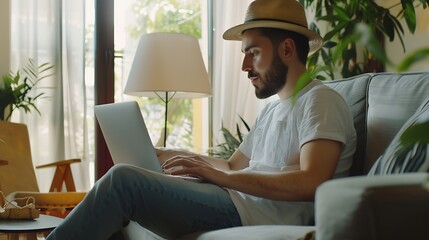Young man planning vacation trip and using computer to book hotel room online Happy male tourist wearing fedora hat sitting on sofa at home and browsing rental holiday accommodation we : Generative AI