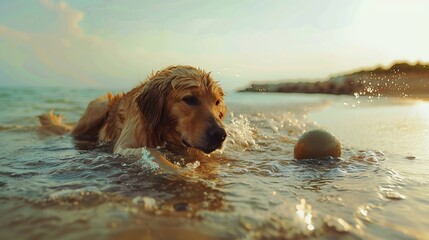 wet dog playing in the sea with a ball in summer golden retriever resting on the beach travel concept pets in nature : Generative AI