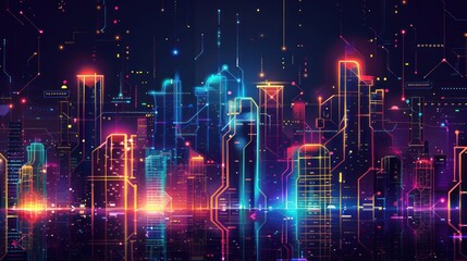 Futuristic city building. High neon cityscape, abstract night downtown panorama. Digital smart town AI generated